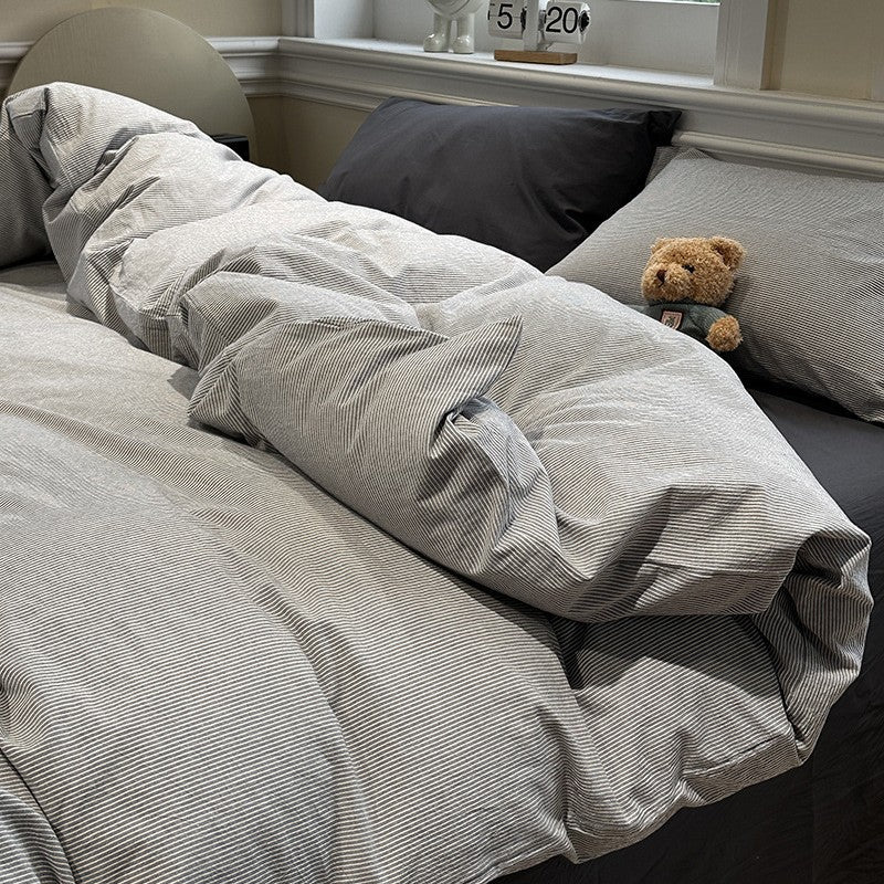 Grey Stripe Cotton Duvet Cover Set | Soft Washed Cotton Bedding Set with Pillowcases | King Queen Full Twin