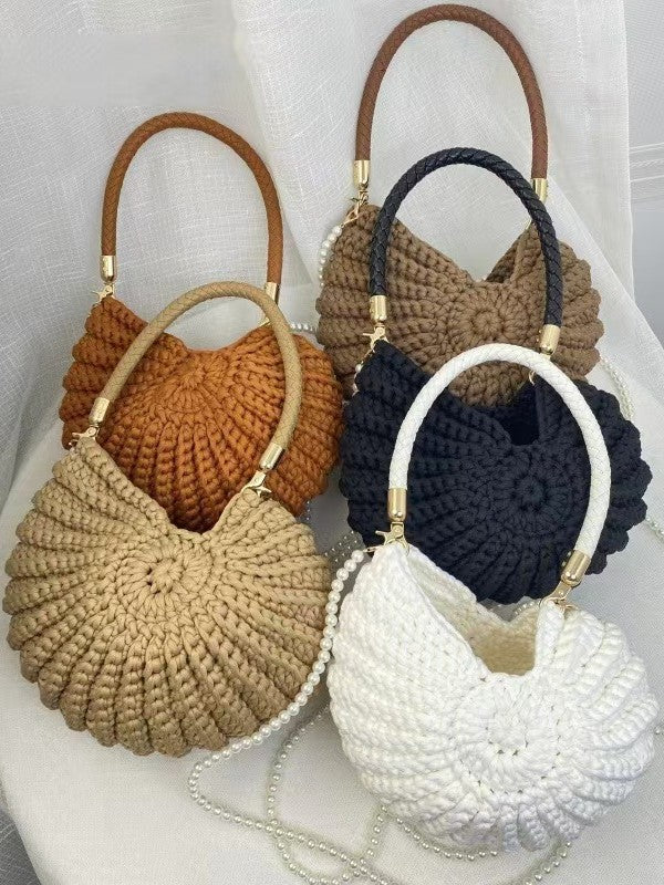 Handmade Crochet Knit Handbag | Boho Round Top Handle Bag with Pearl Strap ? Multiple Colors