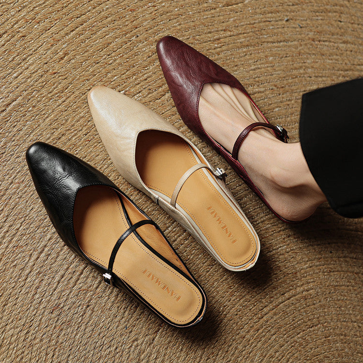 Handmade Leather Pointed Toe Mule Sandals for Women | Buckle Strap Flat Mules | Available in Black Beige Burgundy | Elegant Artisan Leather Flat Shoes | Luxury Handcrafted Mules