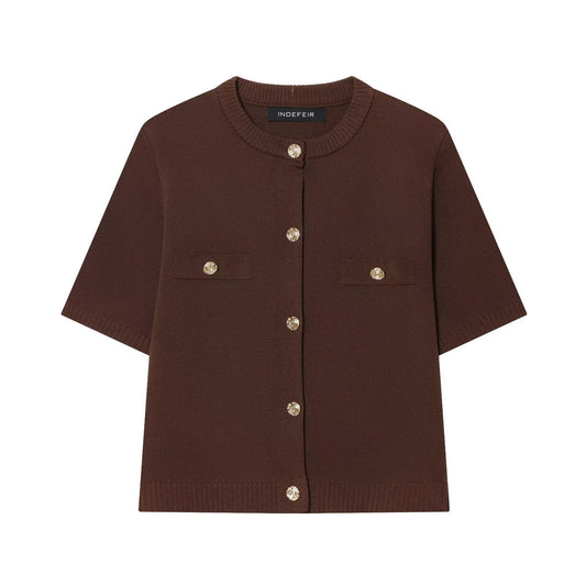 INDEFEIR Women's Burgundy Knit Cardigan - Short Sleeve Button Down Sweater with Gold Jewel Buttons & Chest Pockets - Elegant Cropped Knitwear for Fall Winter - Ladies Luxury Knit Top