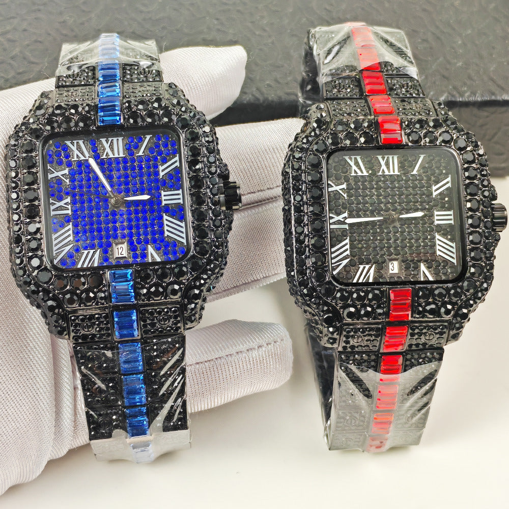 Iced Out Square Watch Men | Black CZ Blue Sapphire Baguette | Roman Numeral Blue Pave Dial | Hip Hop Luxury Date Watch