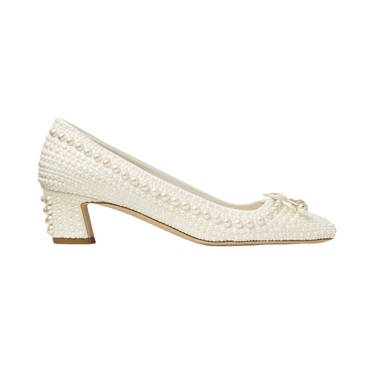Ivory All-Over Pearl Embellished Block Heel Pumps for Women | Fully Covered Pearl Bow Bridal Wedding Heels | Luxury Pearl Low Block Heel Court Shoes | Designer Inspired Pearl Bridal Pumps