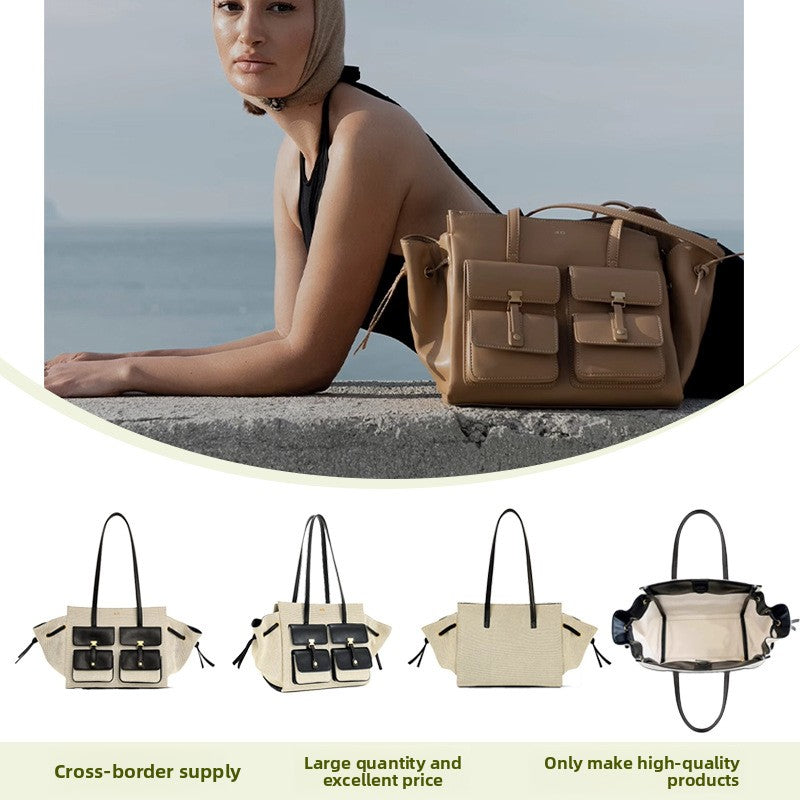 JW PEI Linda Genuine Leather Shoulder Tote Bag Camel Beige Tote Bag with Front Pockets | Wing Tote Shoulder Bag Leather