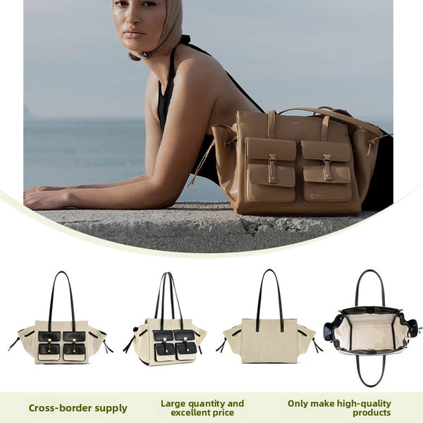 JW PEI Linda Genuine Leather Shoulder Tote Bag Camel Beige Tote Bag with Front Pockets | Wing Tote Shoulder Bag Leather