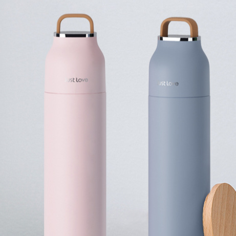 Just Love Slim Stainless Steel Thermos Flask | Vacuum Insulated Travel Bottle with Wooden Handle | Aesthetic Minimalist Water Bottle Pink Blue