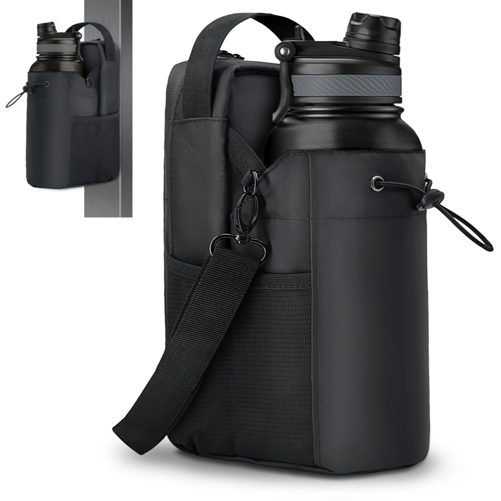 Large Water Bottle Carrier Bag with Shoulder Strap & Handle | Fits 64oz 128oz Jugs | Crossbody Bottle Holder Pouch with Pockets