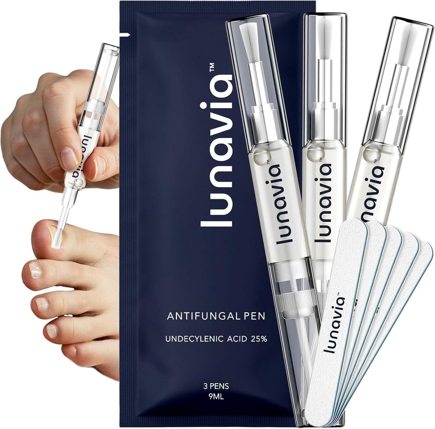 Lunavia Antifungal Pen Set | 3 Pens 9ml Undecylenic Acid 25% Toenail Fungus Treatment | Nail Files Included Fungal Nail Repair Kit