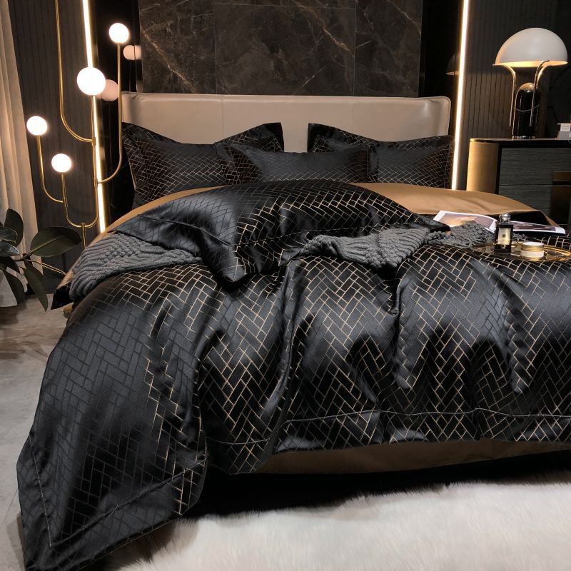 Luxury Black Gold Jacquard Satin Bedding Set, Silky Smooth Duvet Cover with Pillowcases for King Queen Bed