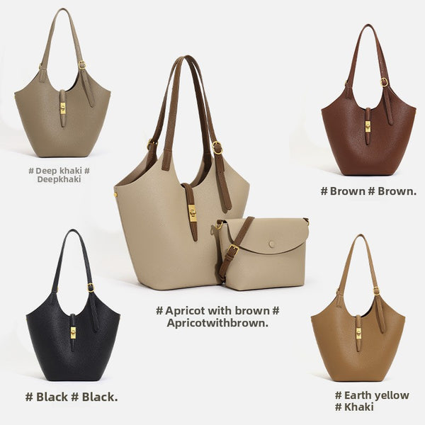 Luxury Leather Bucket Tote Bag with Gold Twist Lock | Women's Designer-Style Shoulder Bag in Beige & Brown Contrast Strap | Everyday Handbag for Work & Travel