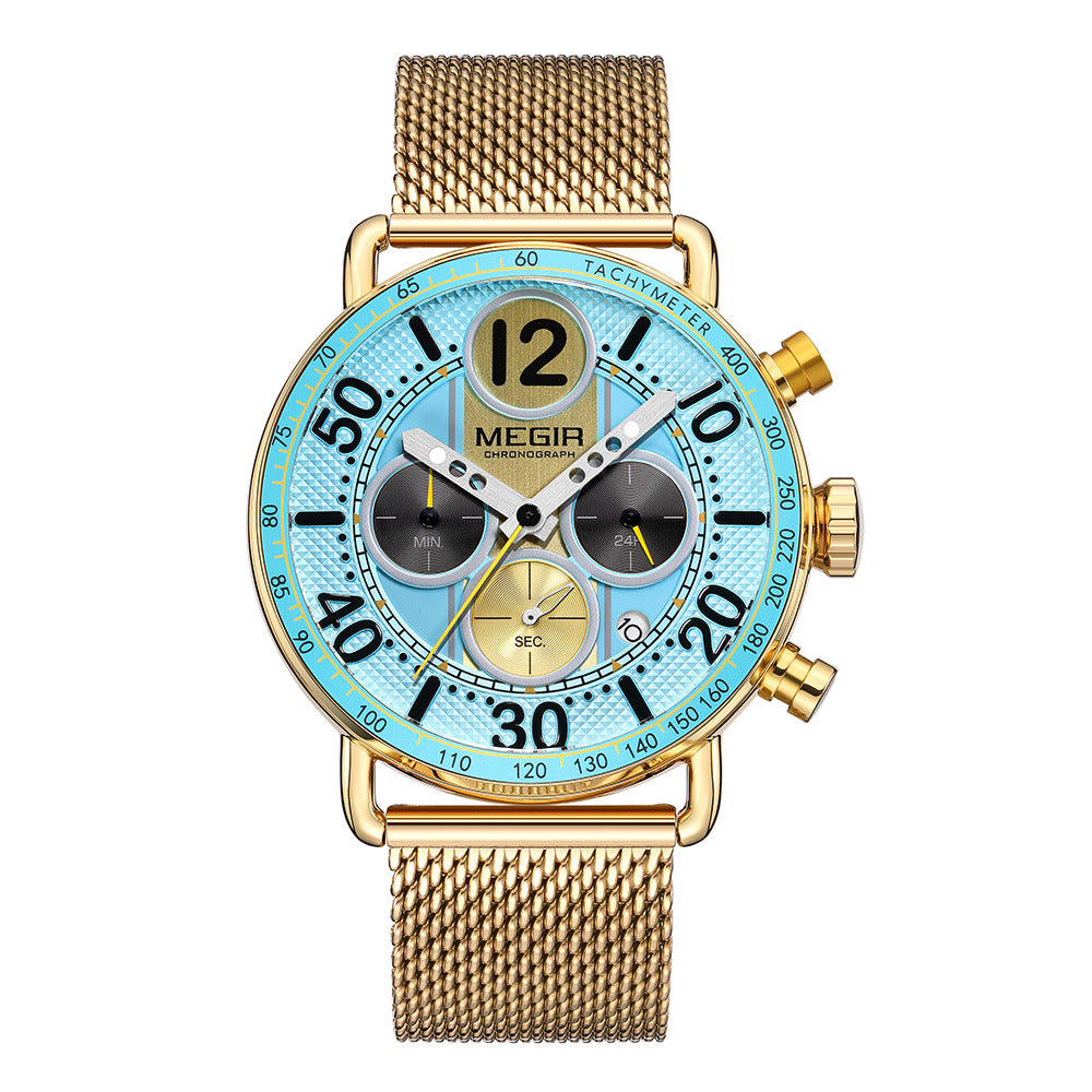 MEGIR Chronograph Men's Watch | Sky Blue Dial Gold Mesh Bracelet Tachymeter Multifunction Sport Luxury Timepiece