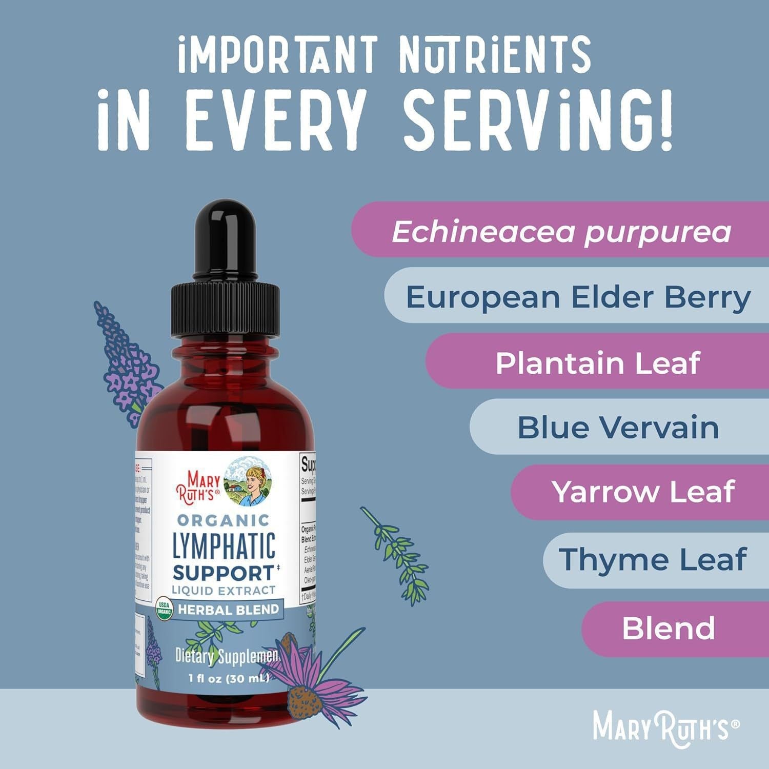 MaryRuth's Organic Lymphatic Support Liquid Extract 1 fl oz | Herbal Blend with Echinacea, Elderberry, Yarrow & Thyme for Immune & Lymph Health