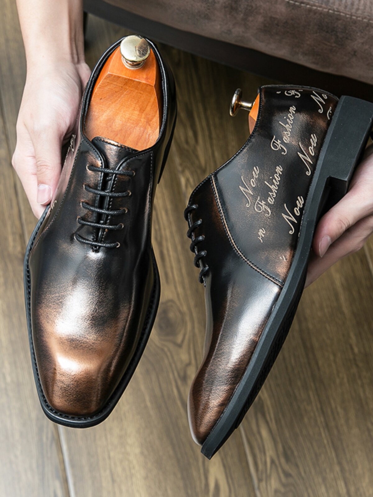 Men's Black Bronze Patina Leather Oxford Dress Shoes | Script Embossed Luxury Lace-Up Formal Shoes