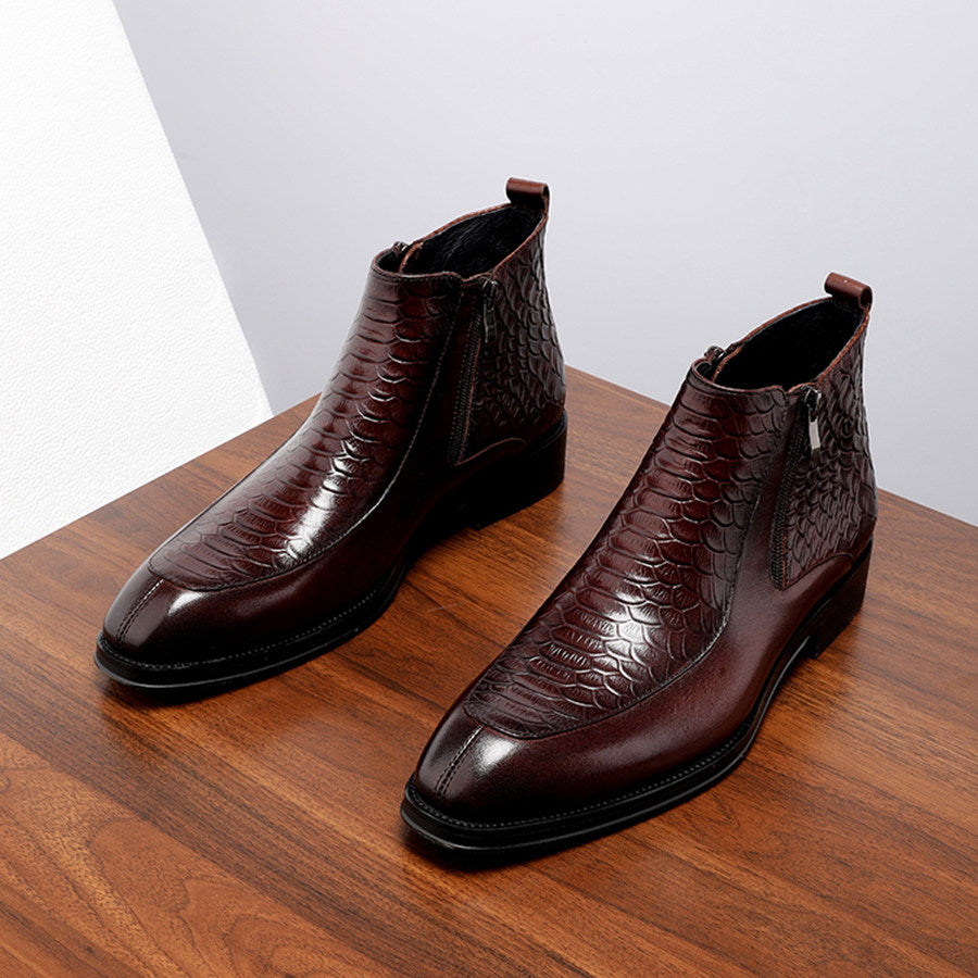 Men's Black Scale Embossed Square Toe Side Zip Ankle Boots