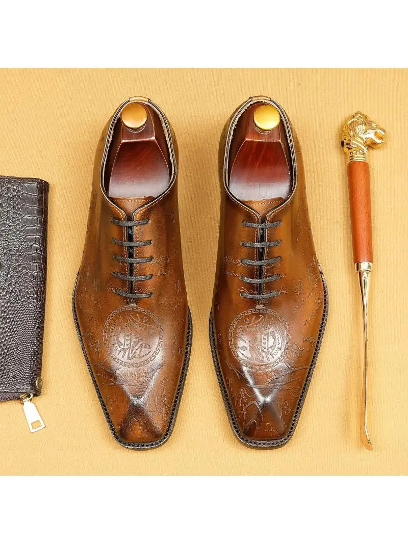Men's Cognac Embossed Leather Oxford Dress Shoes | Handcrafted Lace-Up Formal Shoes