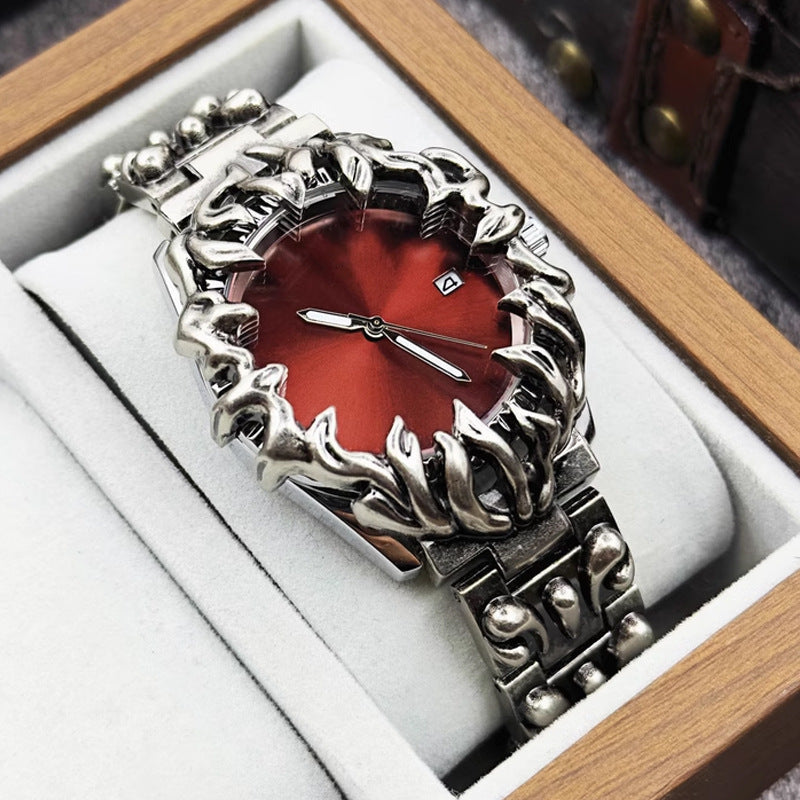 Men's Gothic Flame Watch | Red Dial Silver Flame Bezel Punk Vintage Quartz Date Stainless Steel Statement Watch