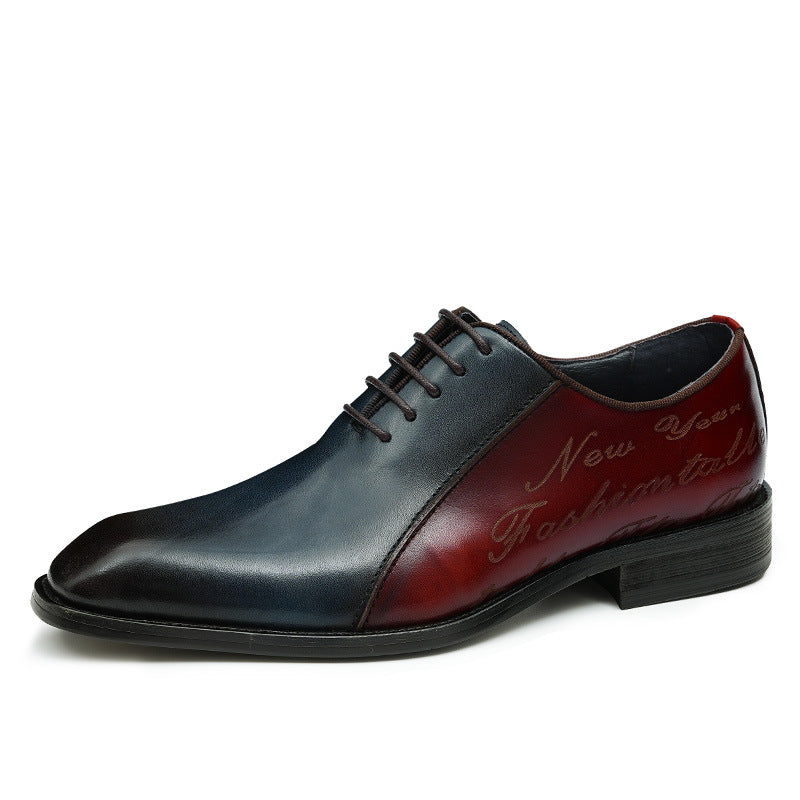 Men's Two-Tone Navy Blue & Burgundy Leather Oxford Dress Shoes | Script Embossed Lace-Up Formal Shoes