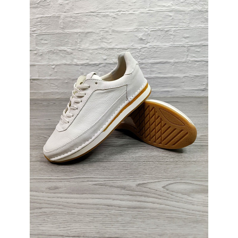 Men's White Genuine Leather Sneakers | Casual Lace-Up Low Top Shoes with Gum Rubber Sole for Everyday Comfort & Style