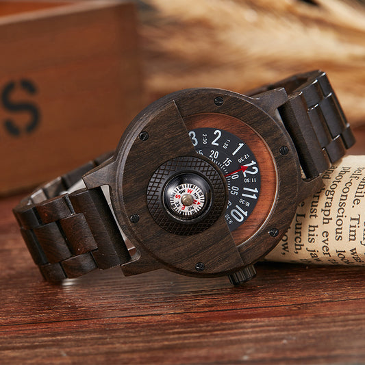 Mens Wooden Watch with Built In Compass Unique Turntable Dial Natural Wood Bracelet Quartz Wristwatch Handcrafted Gift for Men