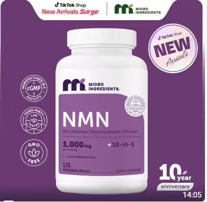 مكمل غذائي NMN 1000 ملجم من Micro Ingredients - بيتا نيكوتيناميد أحادي النوكليوتيد 10 في 1 فائق - مكونات نظيفة - 120 كبسولة نباتية - معزز للـ NAD+ للطاقة ومقاومة الشيخوخة وصحة الخلايا