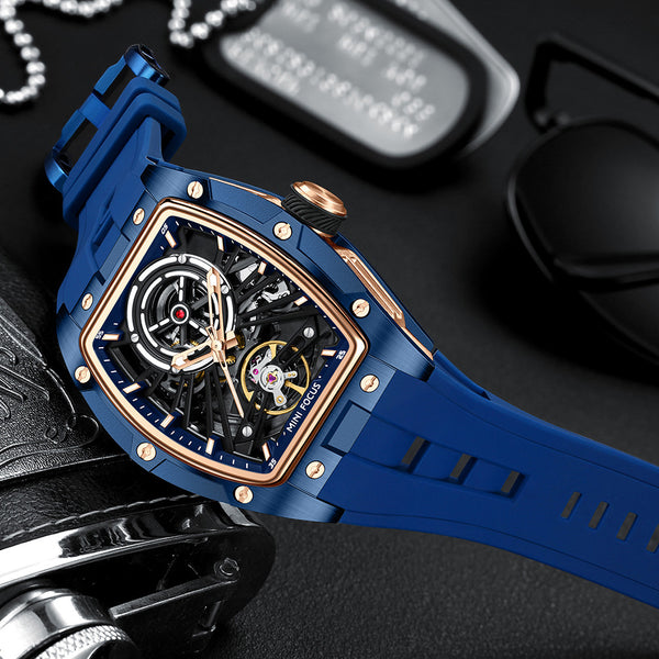 Mini Focus Skeleton Watch for Men | Blue Rose Gold Tourbillon Style Hollow Dial Sport Watch