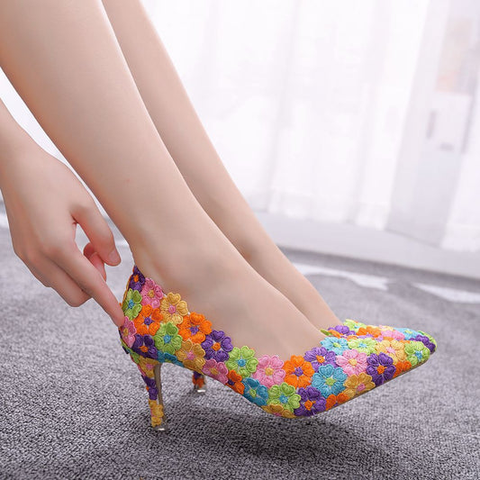 Multicolor Floral Embroidered Stiletto Heels | Pointed Toe Kitten Heel Pumps | Colorful Flower Wedding & Party Shoes
