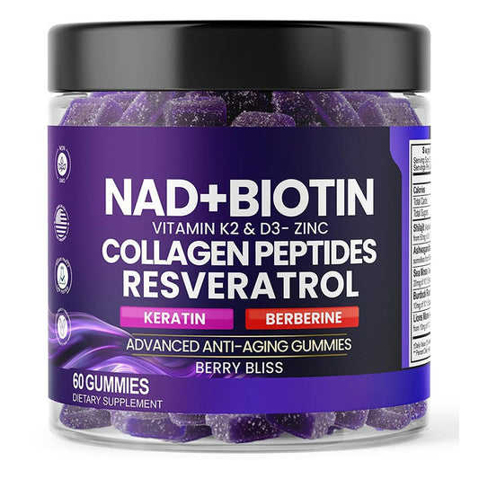 NAD+ Biotin Collagen Peptides Resveratrol Gummies | Anti-Aging Keratin Berberine Vitamin K2 D3 Zinc 60 Gummies