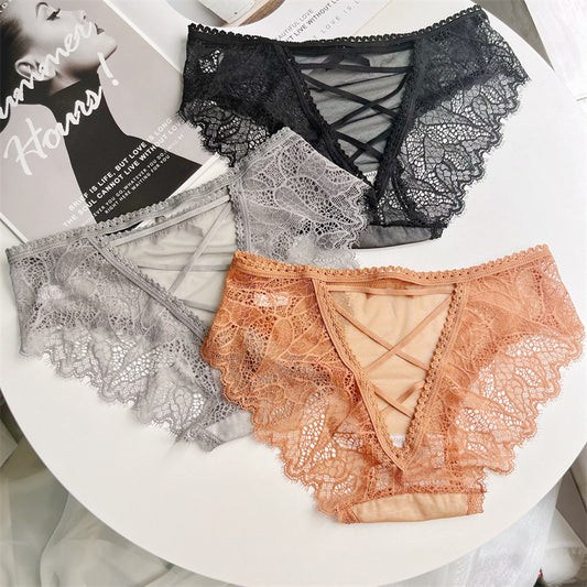 Damen Höschen mit schwarzer Spitze und überkreuzter Vorderseite | Transparente Mesh-Schnürunterwäsche | Sexy Wimpernspitzen-Slips