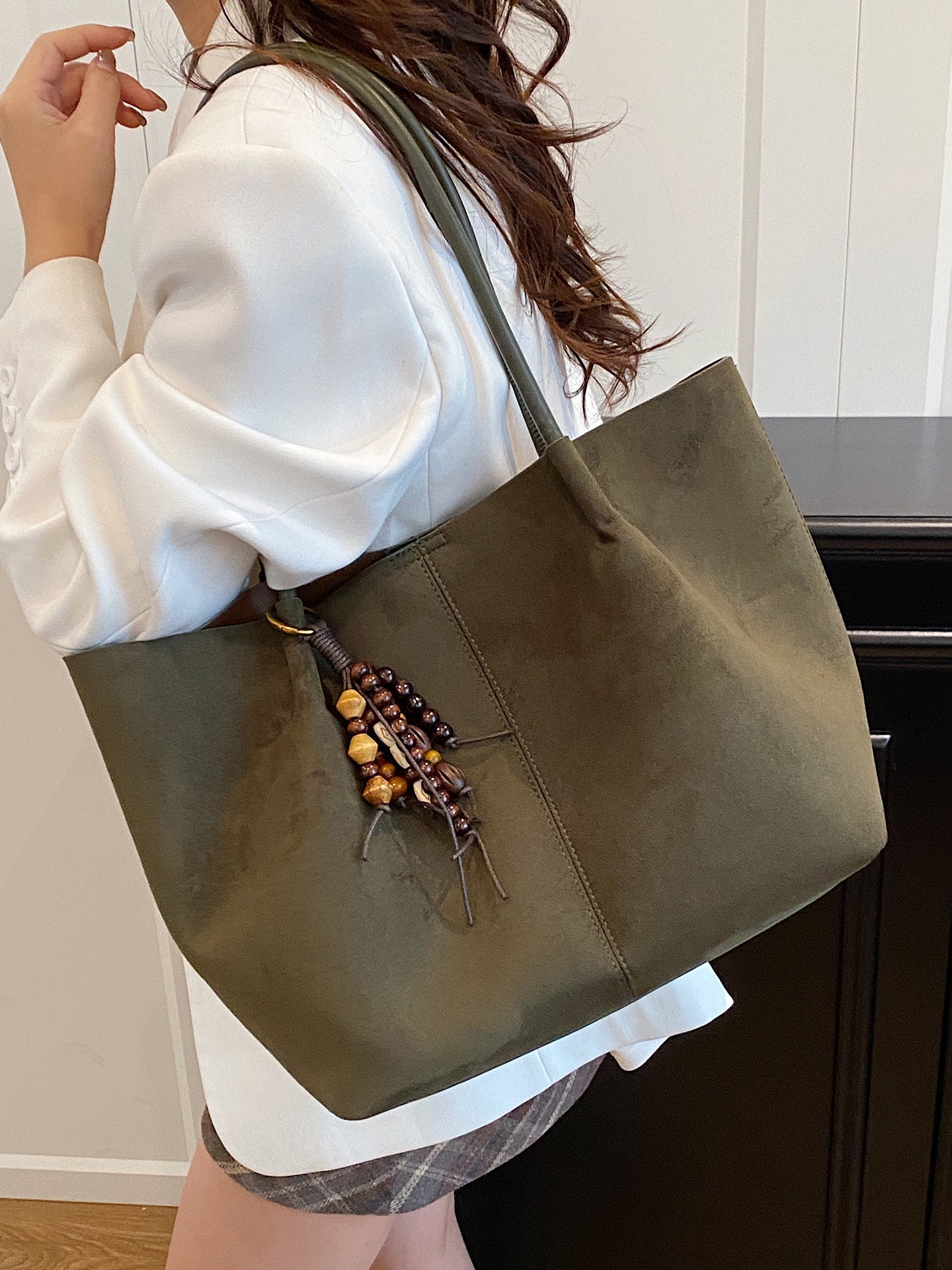 Olive Green Suede Tote Bag with Wooden Bead Charm | Large Shoulder Bag