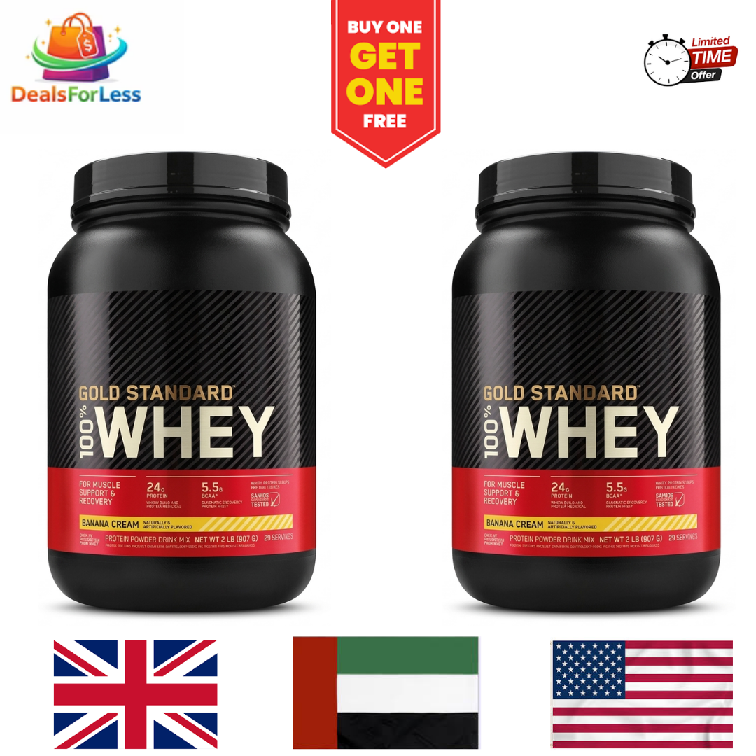 Optimum Nutrition Gold Standard 100% Whey Protein – Banana Cream | Buy One Get One FREE | 24g Protein, 5.5g BCAA | 2 LB x 2