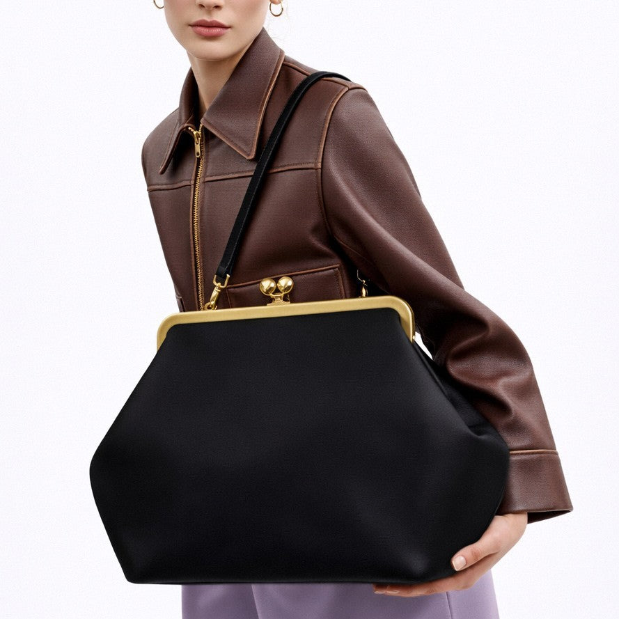 Oversized Black Kiss Lock Frame Bag | Gold Clasp Shoulder Bag for Women | Vintage Doctor Style Clutch Handbag