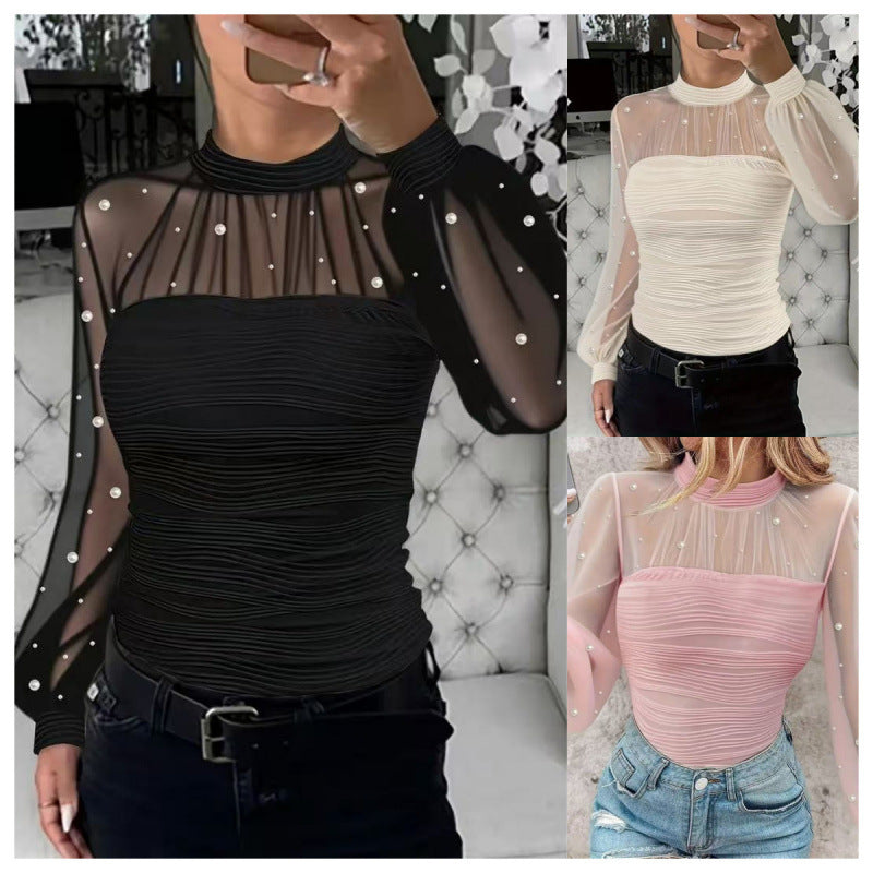 Pearl Mesh Splicing Long Sleeve Shirt