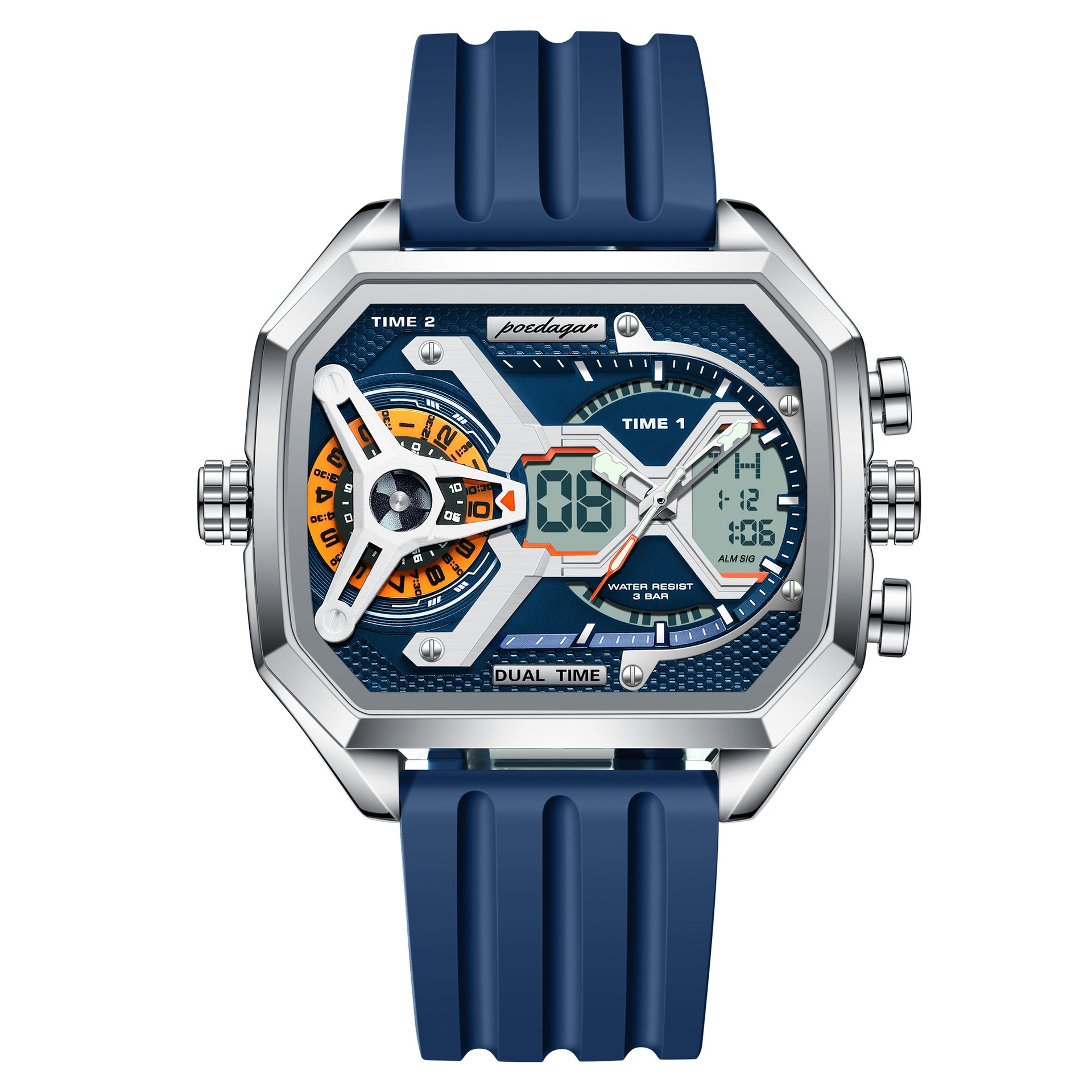 Poedagar Men's Dual Time Digital Analog Watch | Square Blue Rubber Strap | Military Sport Chronograph Waterproof