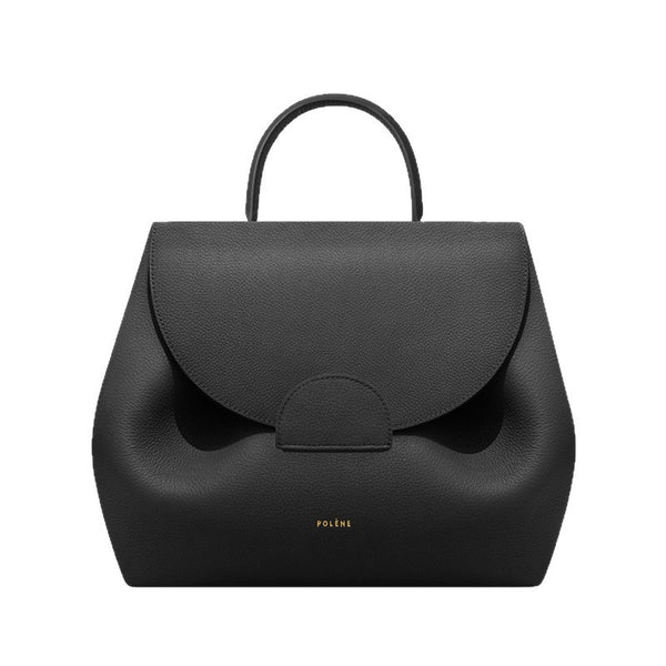 Polene Black Leather Structured Handbag with Curved Flap | Modern Top Handle Bag