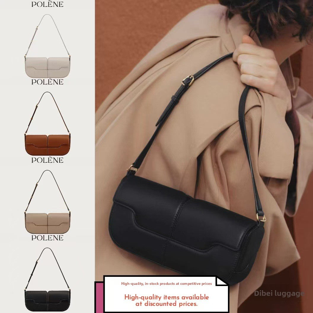 Polene Genuine Leather Black Leather Baguette Bag | Minimalist Shoulder Bag with Flap Closure