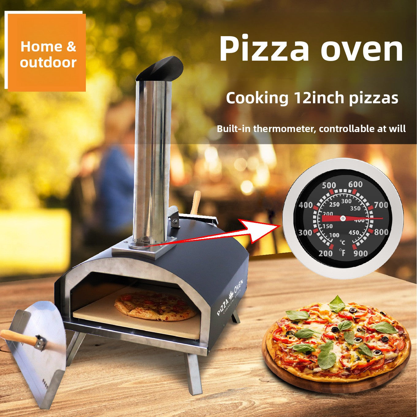Portable Outdoor Charcoal Pizza Oven | Wood Fired Pizza Stove with Chimney & Thermometer | Backyard Camping Pizza Maker