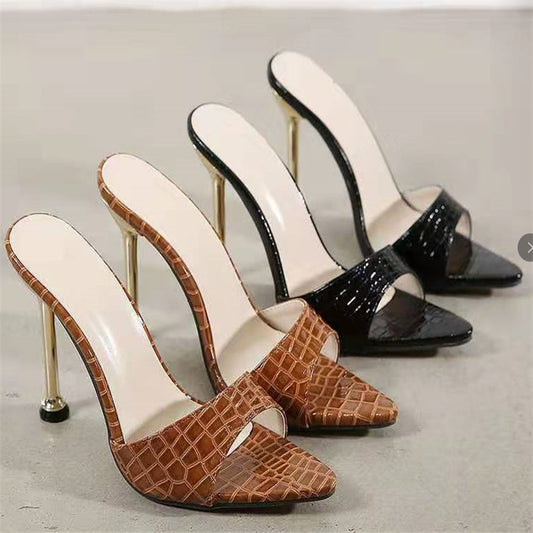Red Croc Embossed Stiletto Mule Heels | Gold Metallic Thin Heel Open Back Sandals | Luxury Party Shoes