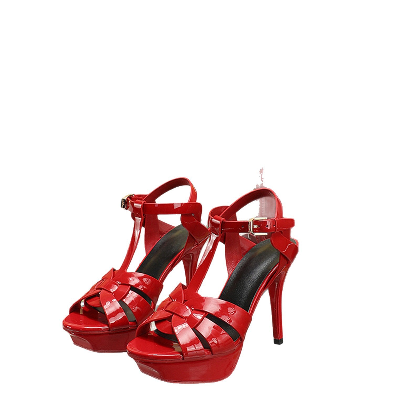 Red Metallic Mirror Patent T-Bar Platform Stiletto Sandals with Ankle Buckle | Luxury Designer Inspired Heels for Women in Red, Grey & Pink