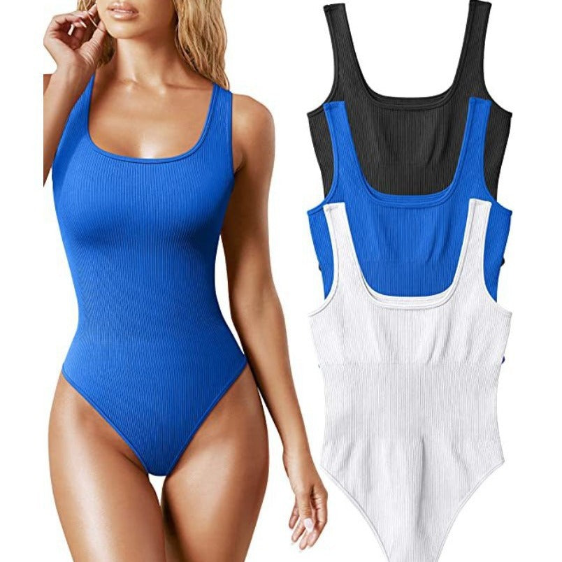 Ribbed Thong Bodysuit for Women | Scoop Neck Sleeveless Fitted Body Suit | 8 Colors Seamless Stretch Tank Bodysuit