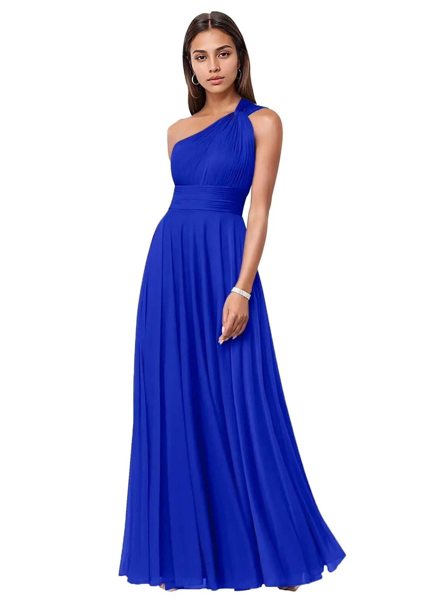 Royal Blue One Shoulder Maxi Dress | Women's Ruched Waist A-Line Formal Evening Gown