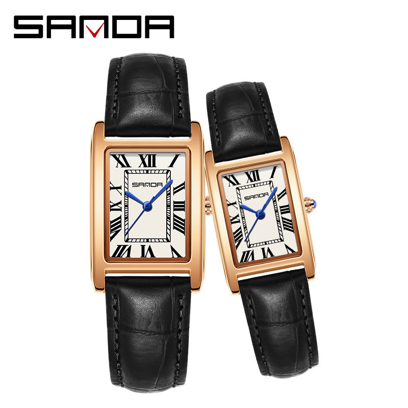 SANDA Women's Rectangle Rose Gold Watch | White Roman Numeral Dial Blue Hands Black Leather Strap Classic Quartz Timepiece