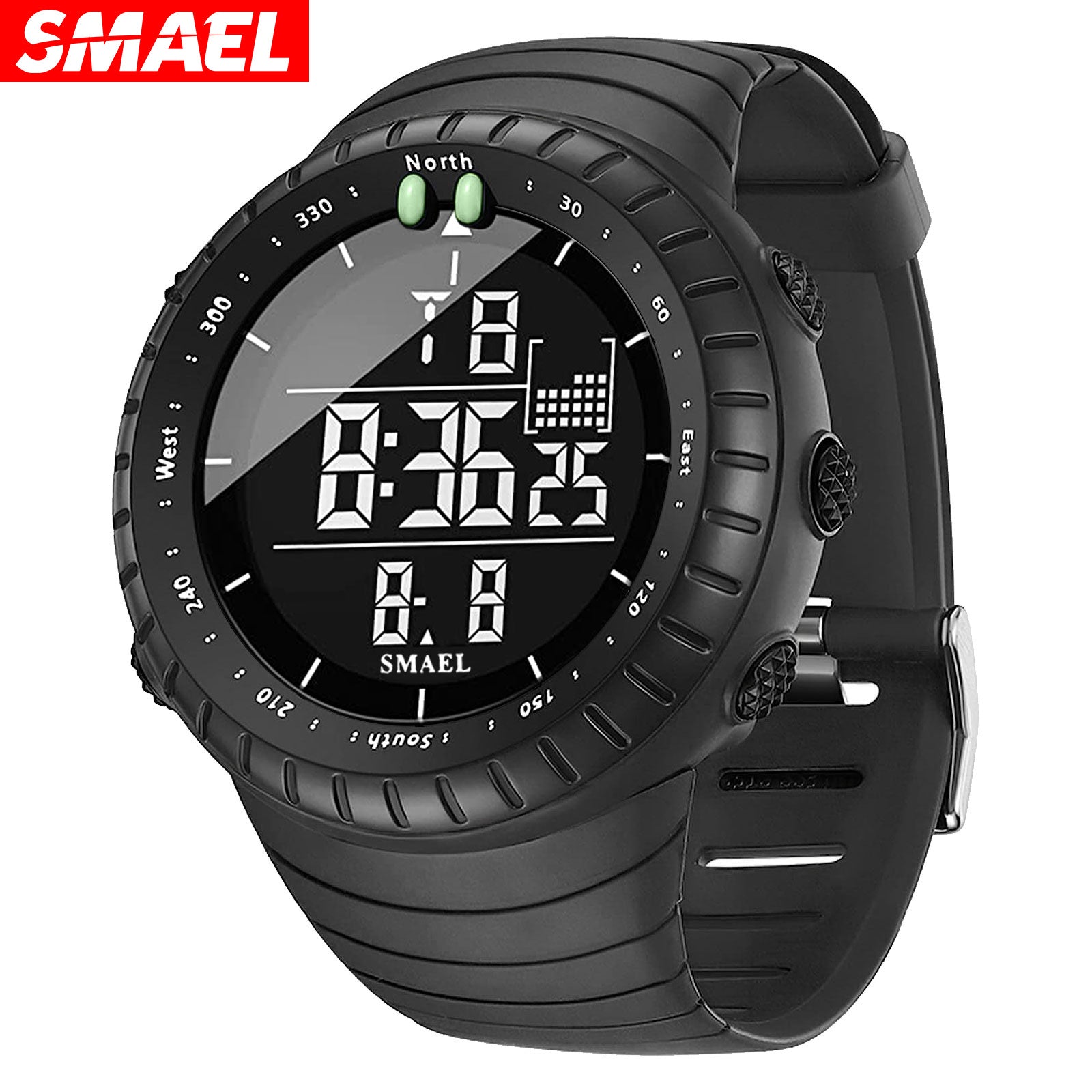 SMAEL Men's Digital Sport Watch | Compass Bezel Black Orange | Military Tactical LED Outdoor Watch with Calendar & Alarm