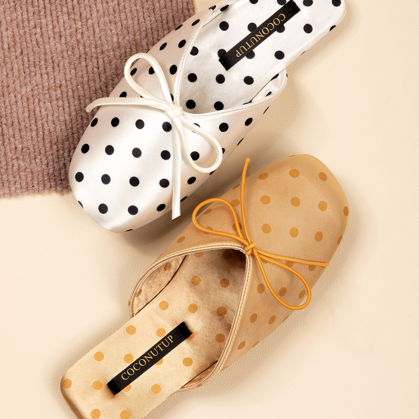 Satin Polka Dot Bow Slippers | Luxury Silk-Feel Indoor Mule Slides | Women's Elegant Home Shoes ? COCONUTUP