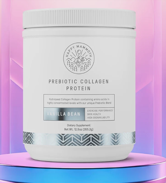 Happy Mammoth Prebiotic Collagen Protein Vanilla Bean | Hydrolysed Collagen Amino Acids Prebiotic Blend Exercise Performance Skin Health High Bioavailability 355g