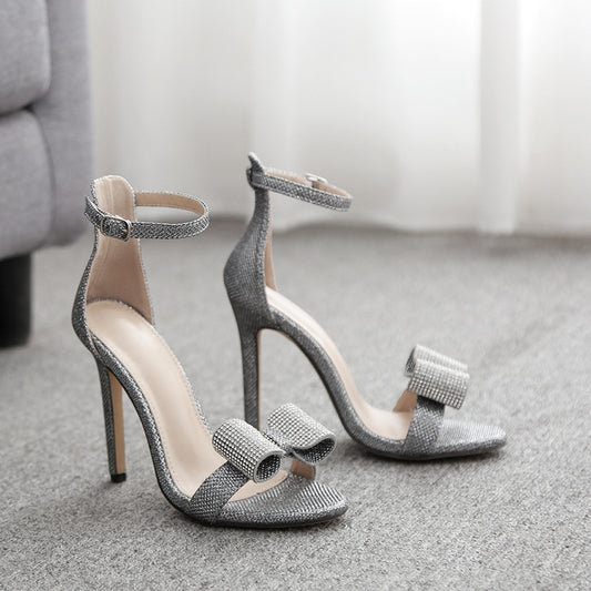 Silver Glitter Bow Stiletto Sandals Women Rhinestone Open Toe Ankle Strap High Heel Party Prom Wedding Shoes