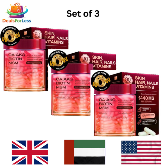 Skin Hair Nails Vitamins Set of 3 | CA AKG Biotin 5000mcg MSM Hyaluronic Acid | 90 Capsules 1440mg Radiant Skin Shiny Hair Strong Nails