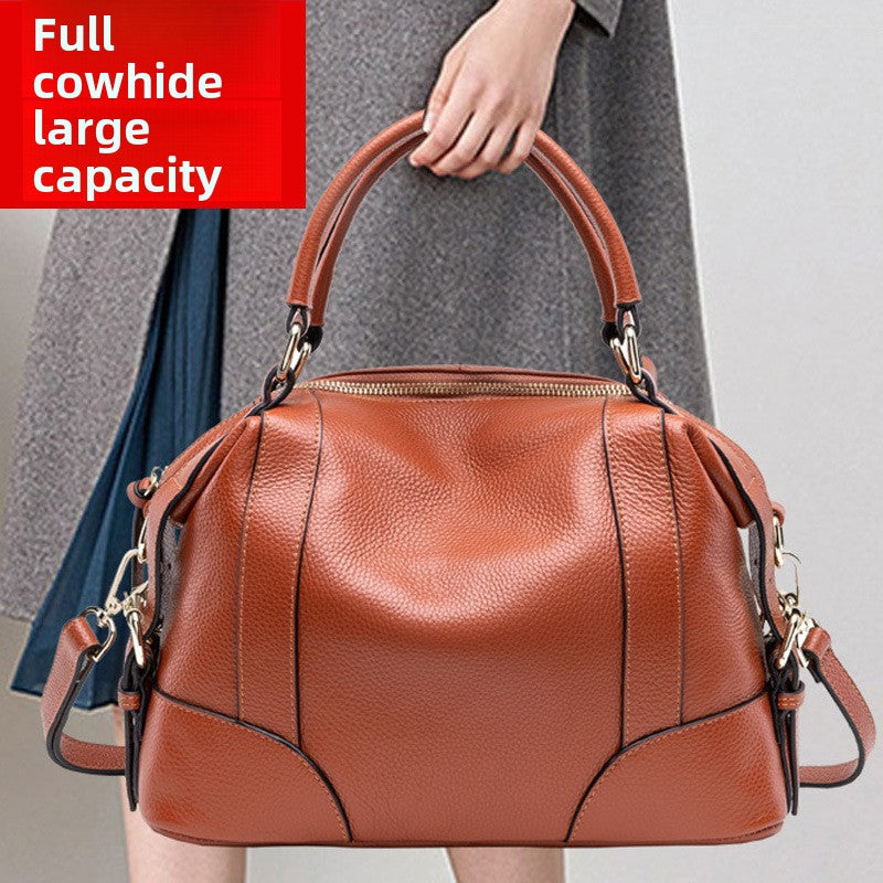 Small Brown Leather Satchel Bag - Cognac Bowling Bag with Dual Handles | Convertible Dome Handbag with Crossbody Strap