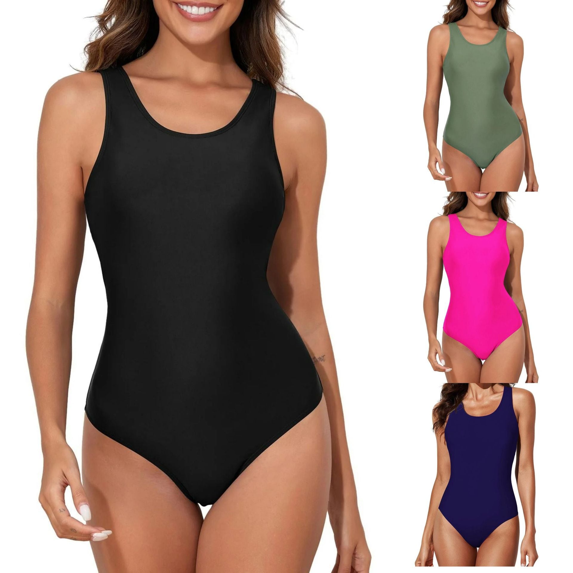 Sporty Racerback One Piece Swimsuit | Scoop Neck High Cut Athletic | Solid Color Sleek Swimwear Women Multiple Colors