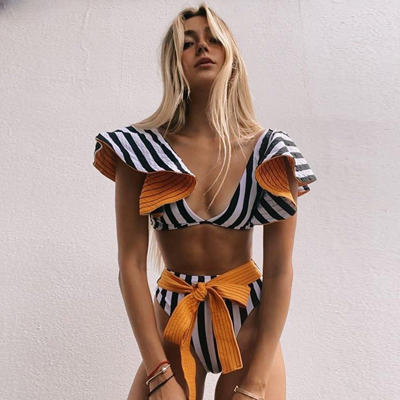 Striped Ruffle Bikini Set, V-Neck Flutter Top & High Waist Bow Bottom, Women Two Piece Swimwear, Black White Orange Swimsuit, Beach Vacation Bathing Suit