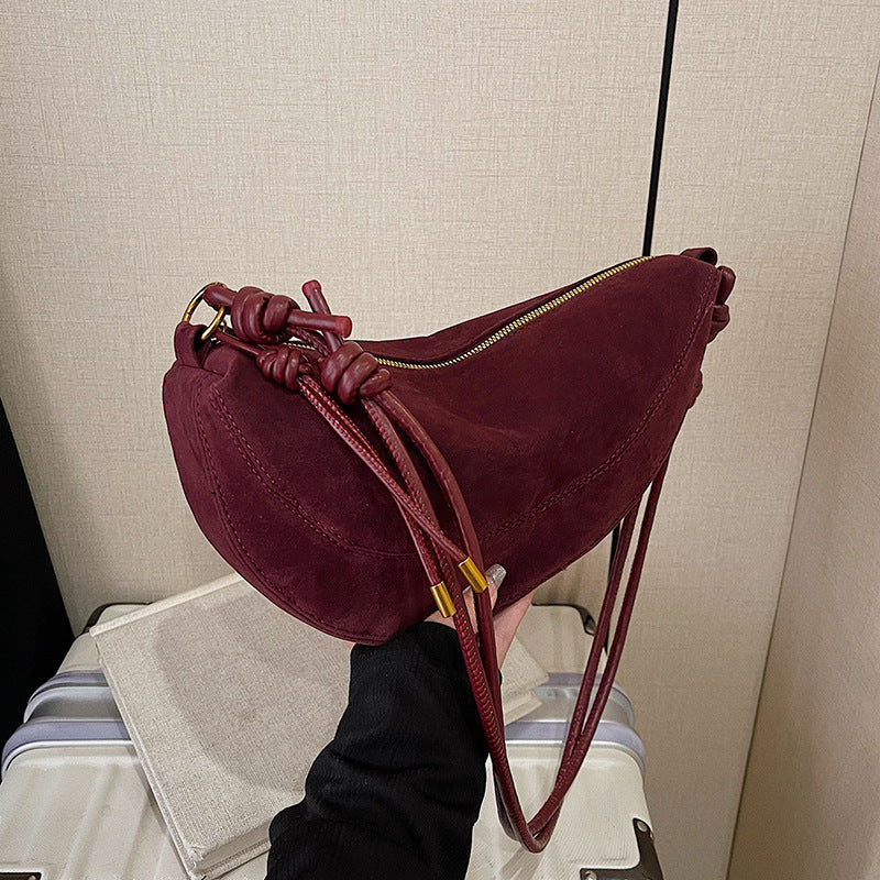 Suede Crescent Shoulder Bag with Knotted Strap & Gold Hardware | Women's Half Moon Hobo Bag in Brown | Trendy Minimalist Crossbody for Everyday & Going Out