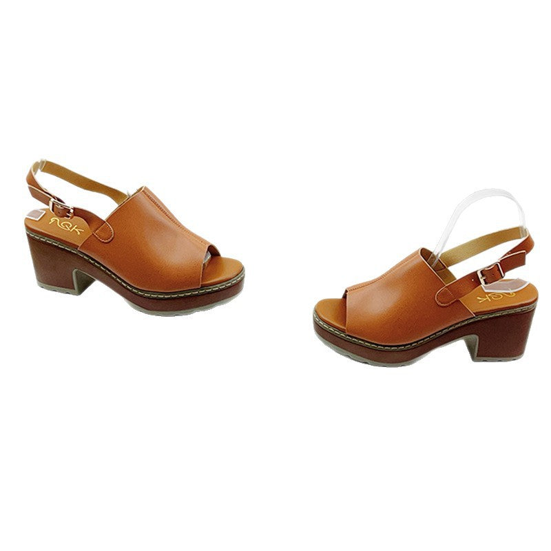 Tan Brown Leather Block Heel Slingback Sandals for Women | Peep Toe Chunky Heel Platform Sandals | Buckle Ankle Strap Mid Heel Shoes | Elegant Casual Summer Heels